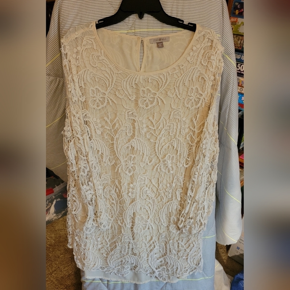 Roz & Ali 2X Crochet Layered Top Long 3/4 Sleeve
